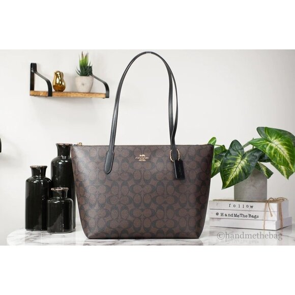 NEW Coach Medium Shoulder Tote Brown Black Signature Coated Canvas